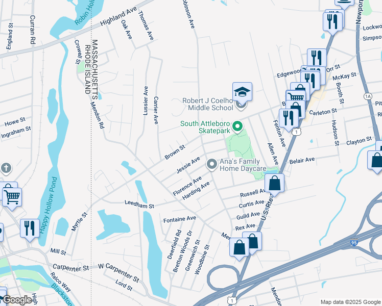 map of restaurants, bars, coffee shops, grocery stores, and more near 7375 Laurier Avenue in Attleboro