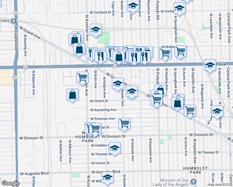 map of restaurants, bars, coffee shops, grocery stores, and more near 1423 North Tripp Avenue in Chicago