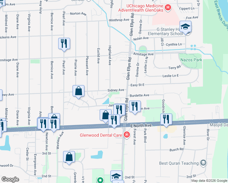 map of restaurants, bars, coffee shops, grocery stores, and more near 535A Darlene Lane in Glendale Heights