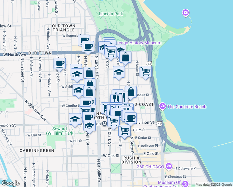 map of restaurants, bars, coffee shops, grocery stores, and more near 1337 North Dearborn Parkway in Chicago