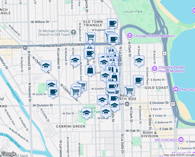 map of restaurants, bars, coffee shops, grocery stores, and more near 322 West Evergreen Avenue in Chicago