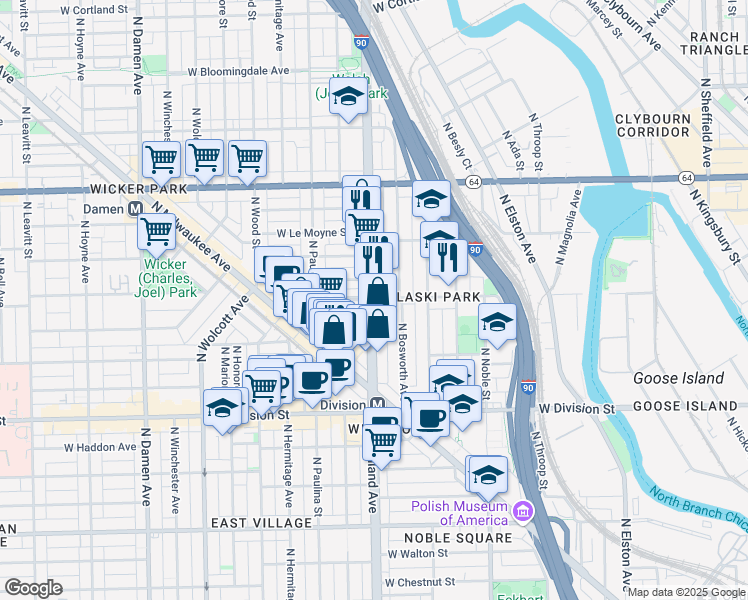 map of restaurants, bars, coffee shops, grocery stores, and more near 1303 North Ashland Avenue in Chicago