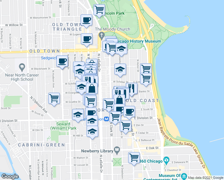 map of restaurants, bars, coffee shops, grocery stores, and more near 1336 North Clark Street in Chicago