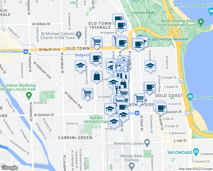 map of restaurants, bars, coffee shops, grocery stores, and more near 1340 N North Park Avenue in Chicago