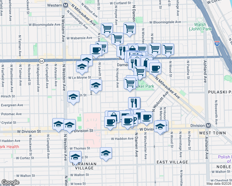 map of restaurants, bars, coffee shops, grocery stores, and more near 1367 North Hoyne Avenue in Chicago