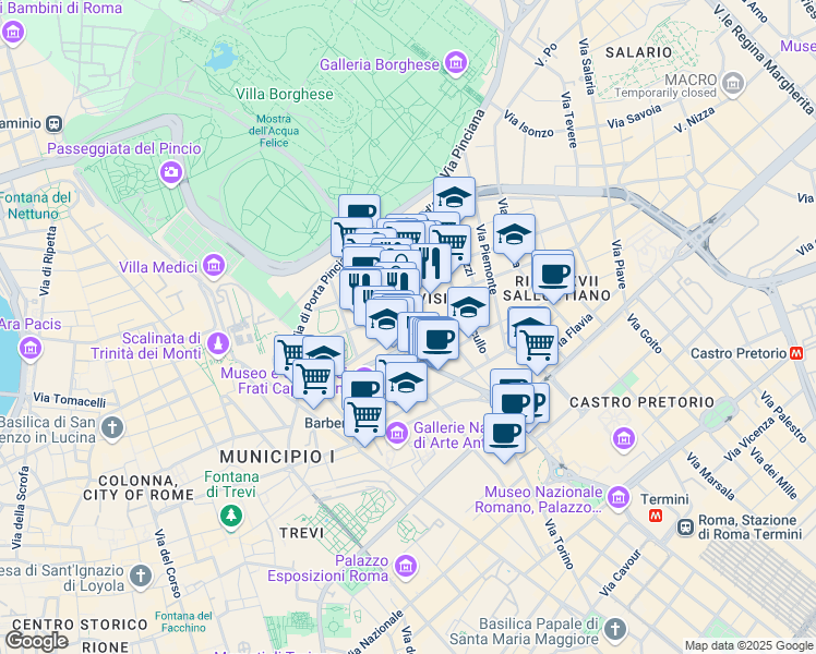 map of restaurants, bars, coffee shops, grocery stores, and more near 119 Via Vittorio Veneto in Roma