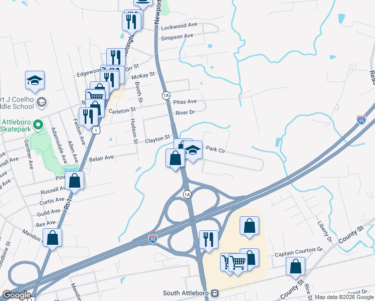 map of restaurants, bars, coffee shops, grocery stores, and more near 8 Park Circle in Attleboro