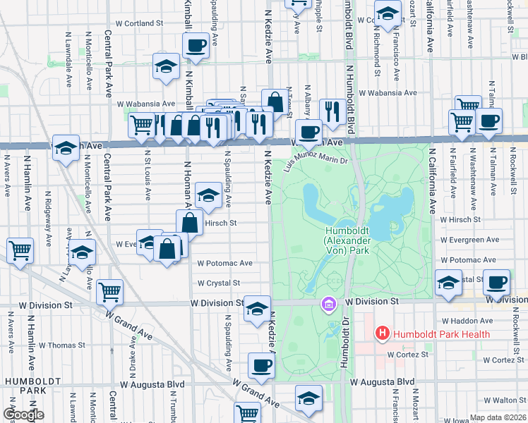 map of restaurants, bars, coffee shops, grocery stores, and more near 3227 West Beach Avenue in Chicago