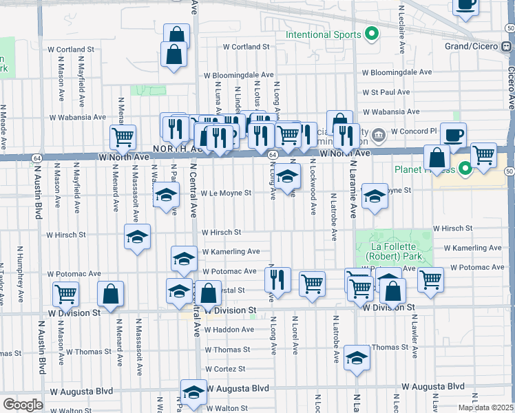 map of restaurants, bars, coffee shops, grocery stores, and more near 1439 North Lotus Avenue in Chicago