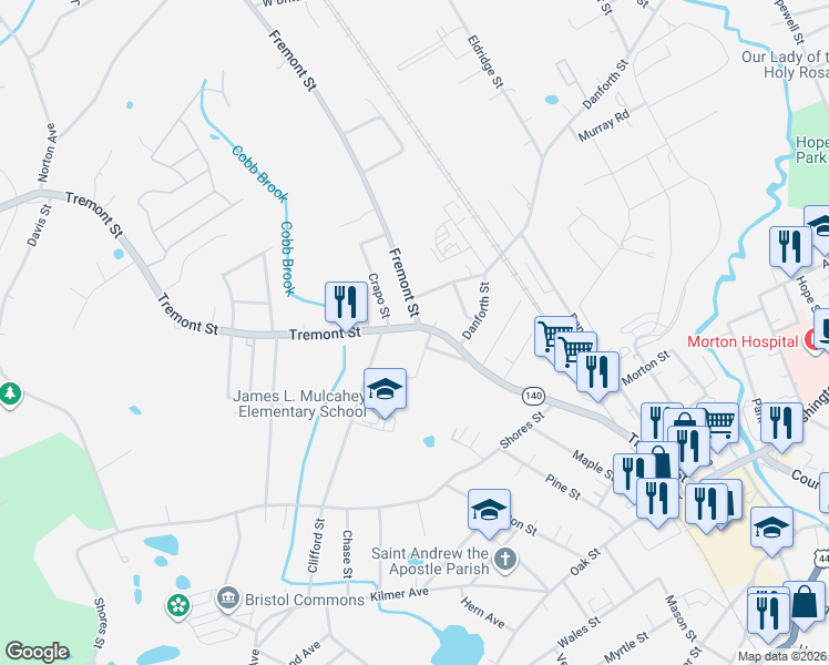 map of restaurants, bars, coffee shops, grocery stores, and more near 108 Tremont Street in Taunton