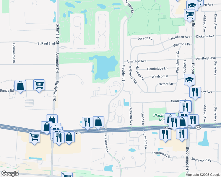 map of restaurants, bars, coffee shops, grocery stores, and more near 32 Pebble Beach Circle in Glendale Heights