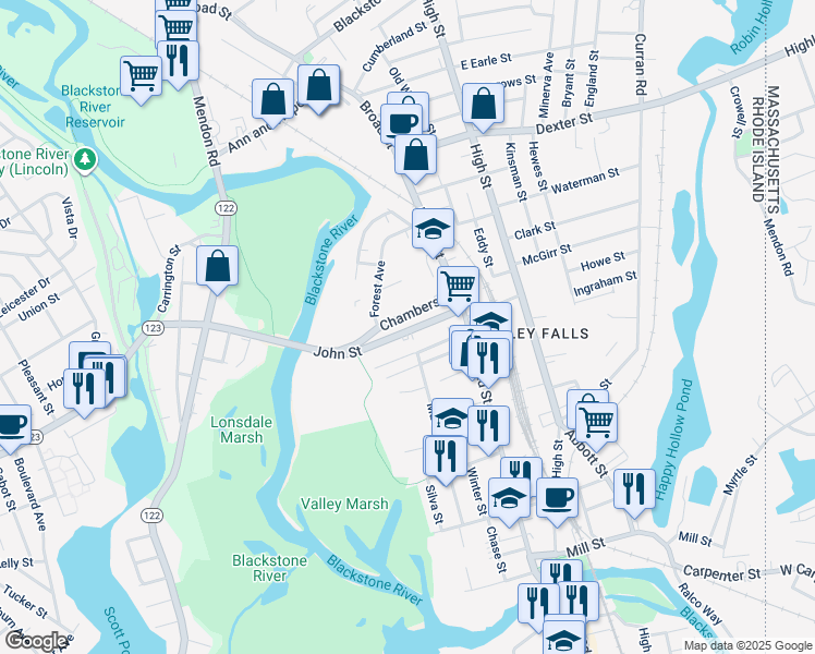 map of restaurants, bars, coffee shops, grocery stores, and more near 38 John Street in Cumberland