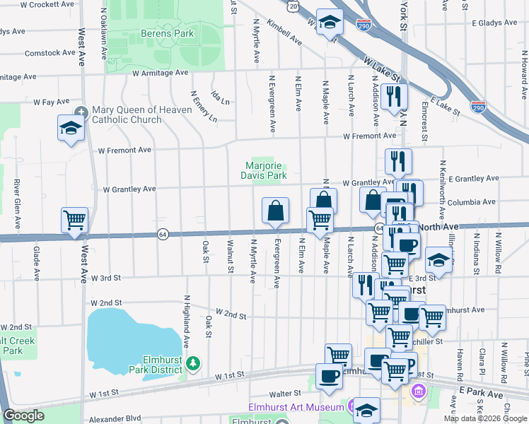 map of restaurants, bars, coffee shops, grocery stores, and more near 305 N Myrtle Ave in Elmhurst