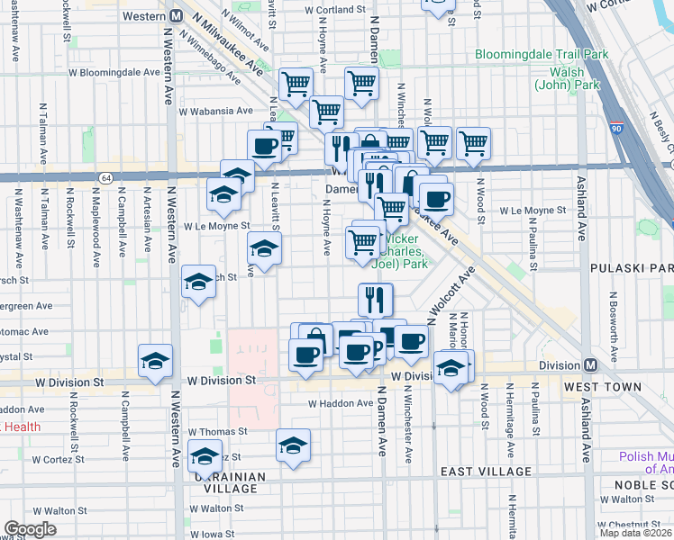 map of restaurants, bars, coffee shops, grocery stores, and more near 1367 North Hoyne Avenue in Chicago