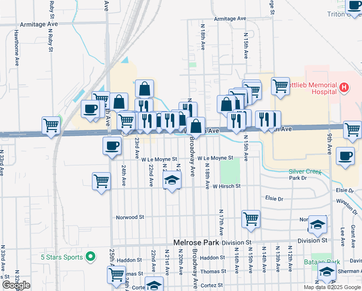 map of restaurants, bars, coffee shops, grocery stores, and more near 1823 North 20th Avenue in Melrose Park