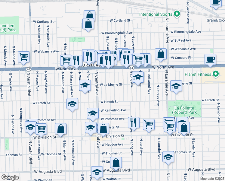map of restaurants, bars, coffee shops, grocery stores, and more near 1438 North Linder Avenue in Chicago