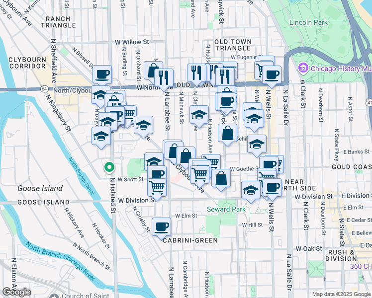 map of restaurants, bars, coffee shops, grocery stores, and more near 1347 North Mohawk Street in Chicago