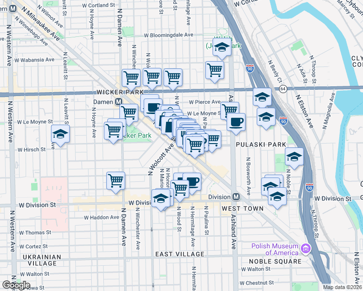 map of restaurants, bars, coffee shops, grocery stores, and more near 1373 North Milwaukee Avenue in Chicago
