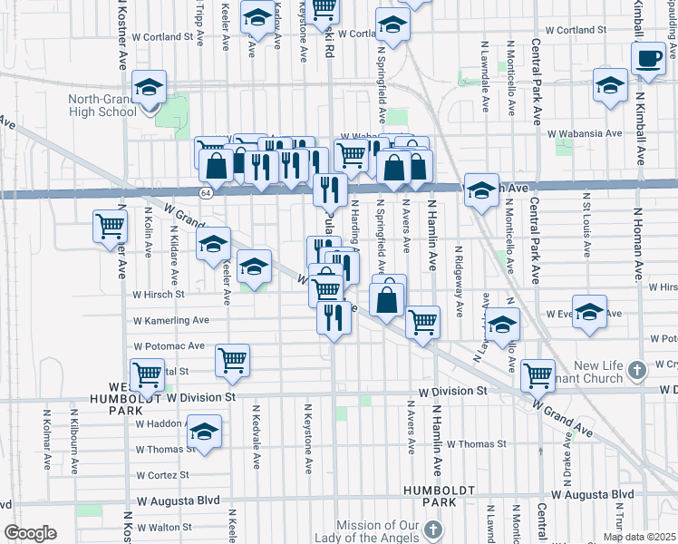 map of restaurants, bars, coffee shops, grocery stores, and more near 1427 North Pulaski Road in Chicago