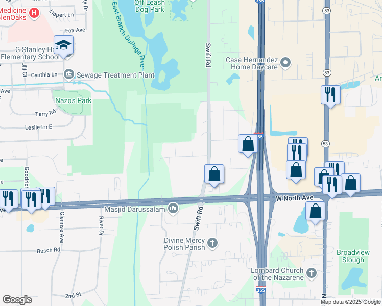 map of restaurants, bars, coffee shops, grocery stores, and more near 21W456 Burdett Avenue in Lombard