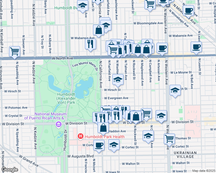 map of restaurants, bars, coffee shops, grocery stores, and more near 1410 North Fairfield Avenue in Chicago