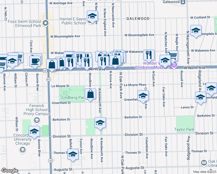 map of restaurants, bars, coffee shops, grocery stores, and more near 1147 North Grove Avenue in Oak Park