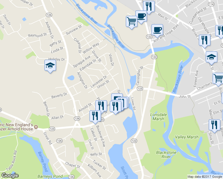 map of restaurants, bars, coffee shops, grocery stores, and more near 23 Arnold St in Lincoln