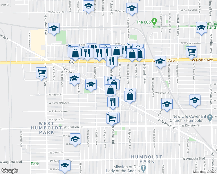 map of restaurants, bars, coffee shops, grocery stores, and more near 4014 West Grand Avenue in Chicago