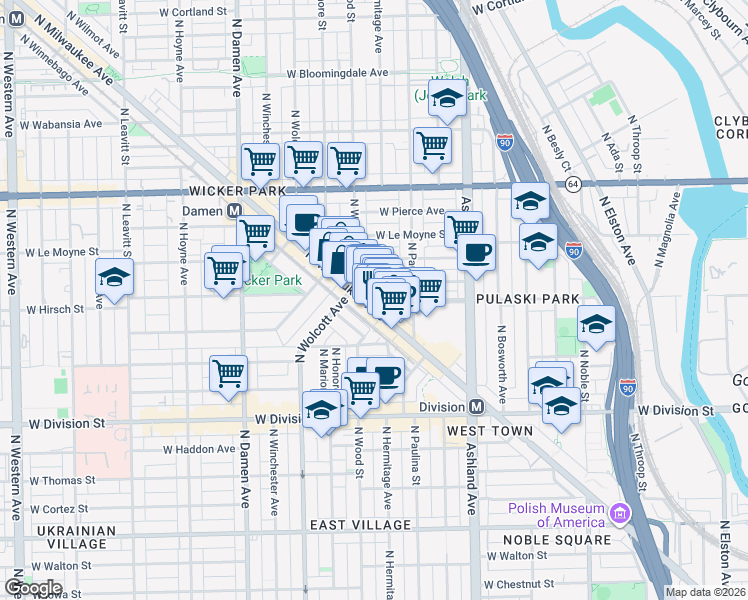 map of restaurants, bars, coffee shops, grocery stores, and more near 1373 North Milwaukee Avenue in Chicago