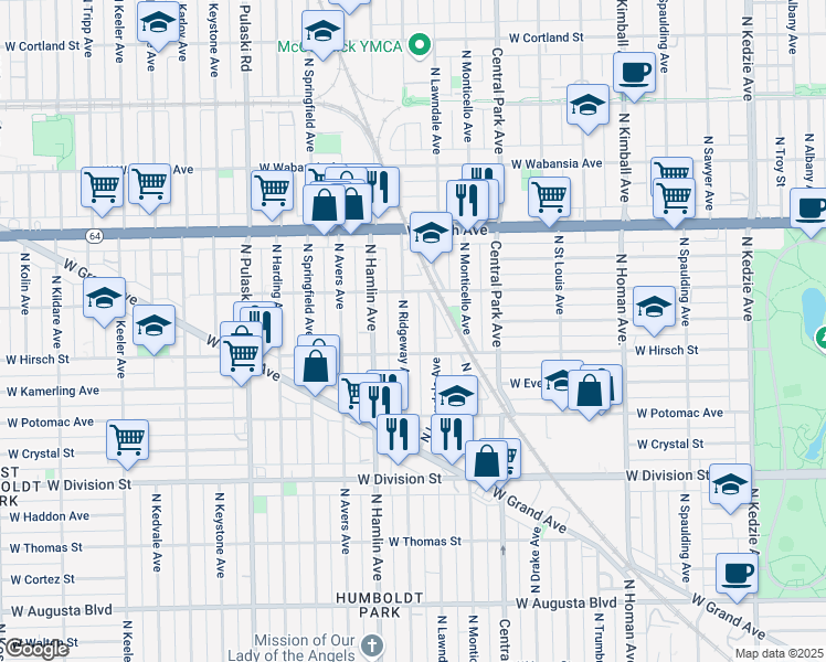 map of restaurants, bars, coffee shops, grocery stores, and more near 1421 North Ridgeway Avenue in Chicago