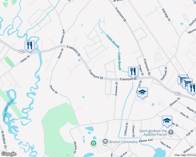map of restaurants, bars, coffee shops, grocery stores, and more near 170 Tremont Street in Taunton