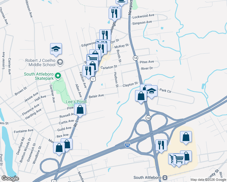 map of restaurants, bars, coffee shops, grocery stores, and more near 42 Belair Avenue in Attleboro
