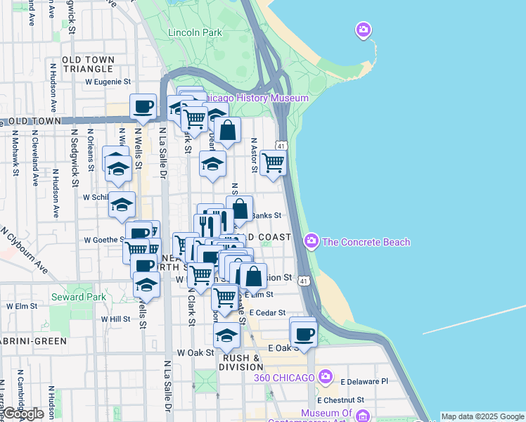 map of restaurants, bars, coffee shops, grocery stores, and more near in Chicago