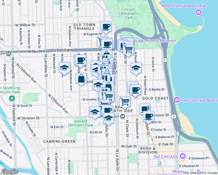 map of restaurants, bars, coffee shops, grocery stores, and more near 1343 North Wells Street in Chicago