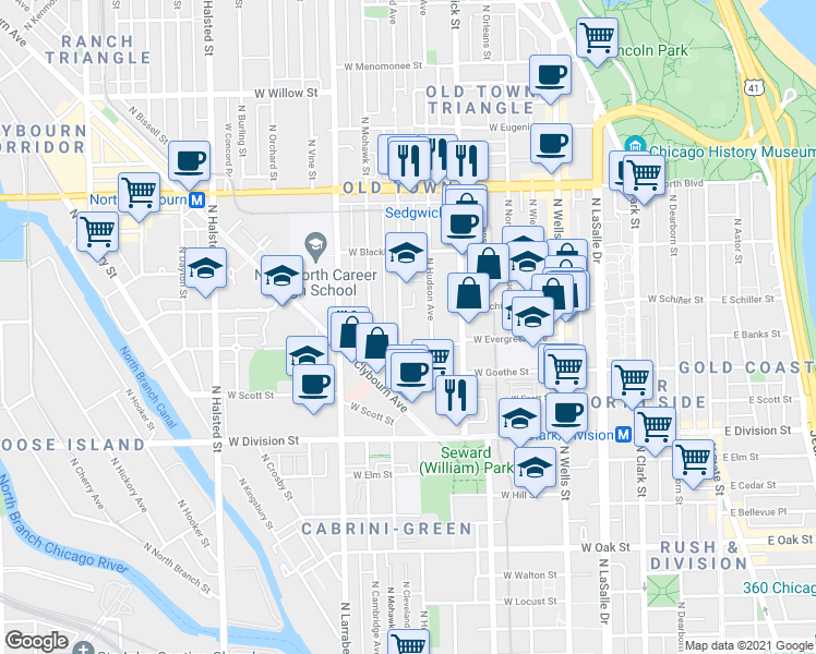 map of restaurants, bars, coffee shops, grocery stores, and more near 1349 North Cleveland Avenue in Chicago