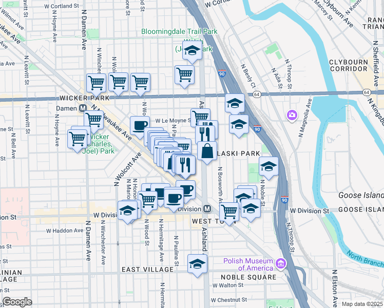 map of restaurants, bars, coffee shops, grocery stores, and more near 1634 West Blackhawk Street in Chicago