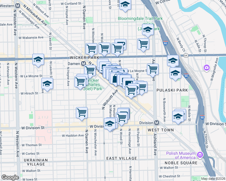 map of restaurants, bars, coffee shops, grocery stores, and more near 1376 North Wolcott Avenue in Chicago