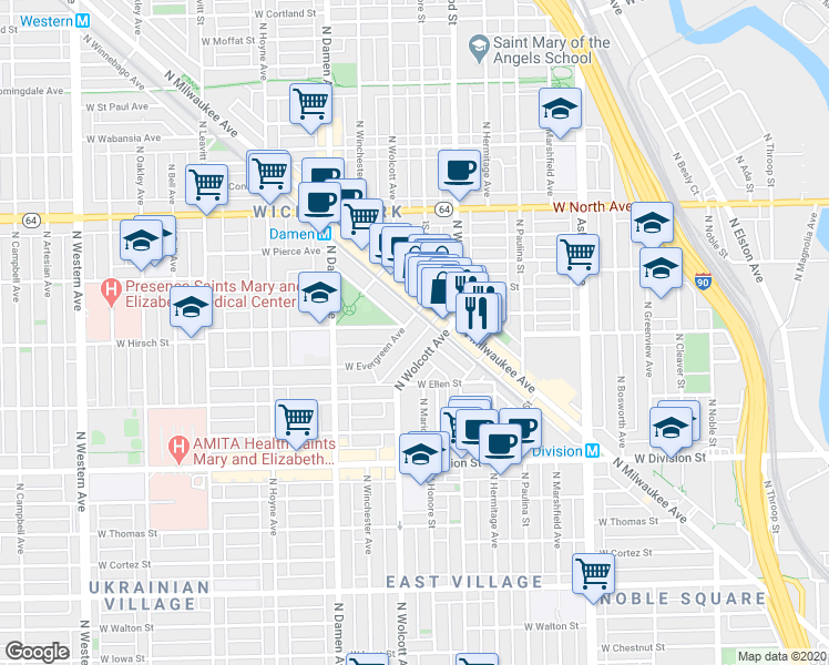 map of restaurants, bars, coffee shops, grocery stores, and more near 1376 North Wolcott Avenue in Chicago