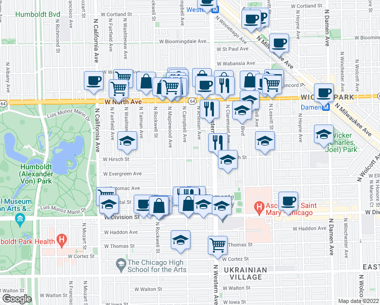 map of restaurants, bars, coffee shops, grocery stores, and more near 1408 North Artesian Avenue in Chicago