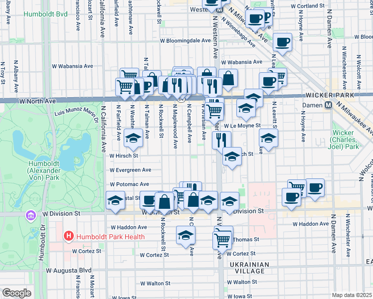 map of restaurants, bars, coffee shops, grocery stores, and more near 1408 North Campbell Avenue in Chicago