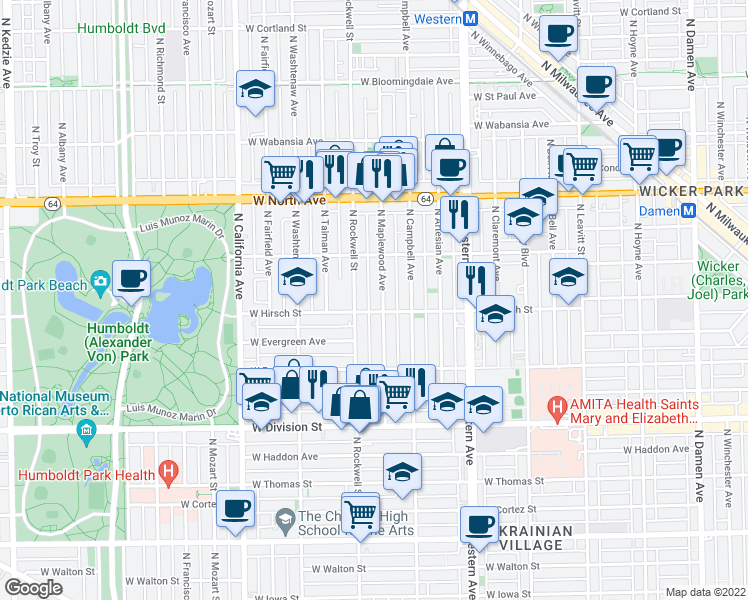 map of restaurants, bars, coffee shops, grocery stores, and more near in Chicago