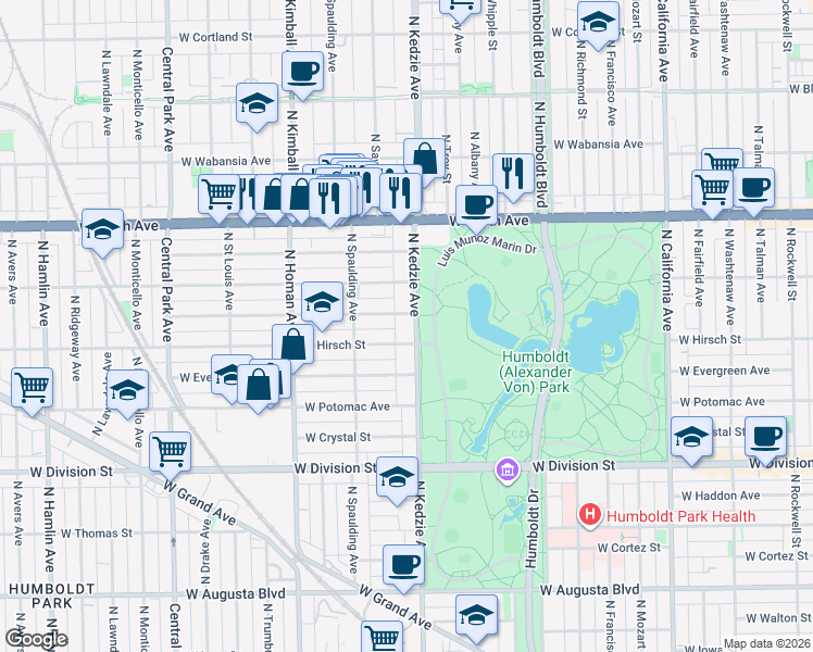 map of restaurants, bars, coffee shops, grocery stores, and more near 3227 West Beach Avenue in Chicago