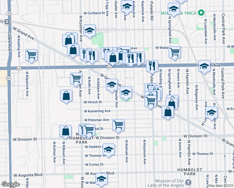 map of restaurants, bars, coffee shops, grocery stores, and more near 1423 North Tripp Avenue in Chicago