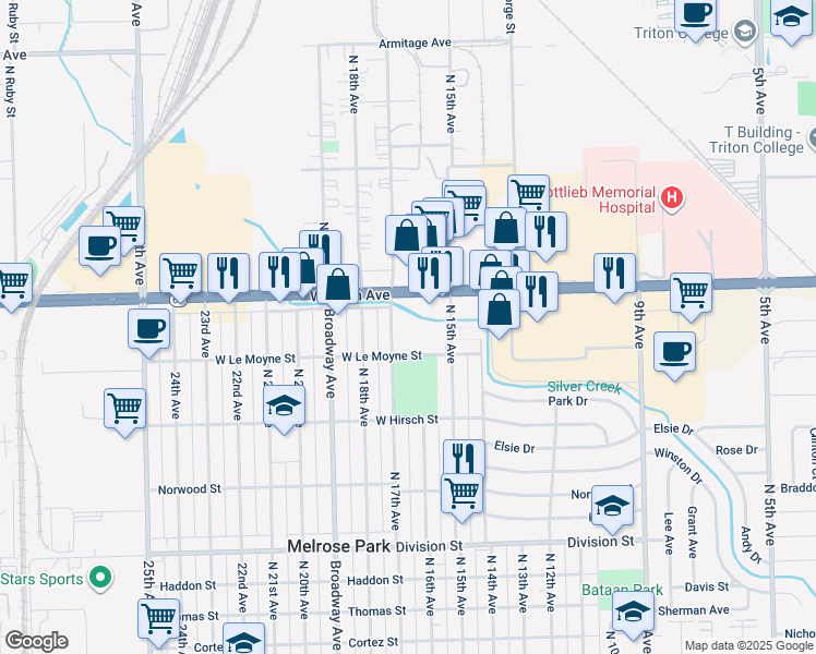 map of restaurants, bars, coffee shops, grocery stores, and more near 1548 W North Ave in Melrose Park