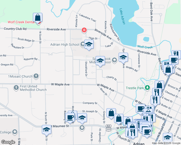map of restaurants, bars, coffee shops, grocery stores, and more near 717 Oxford Court in Adrian