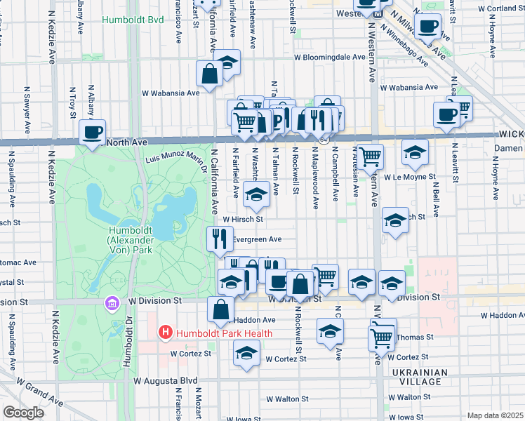 map of restaurants, bars, coffee shops, grocery stores, and more near 1405 North Washtenaw Avenue in Chicago
