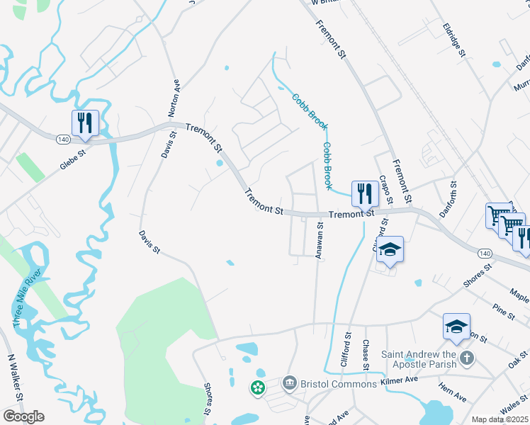 map of restaurants, bars, coffee shops, grocery stores, and more near 170 Tremont Street in Taunton
