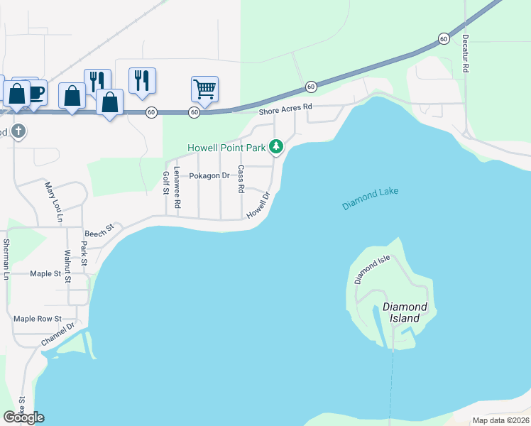 map of restaurants, bars, coffee shops, grocery stores, and more near 21645 Howell Drive in Cassopolis