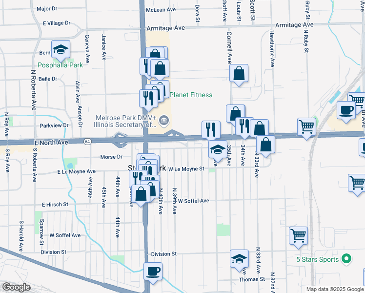 map of restaurants, bars, coffee shops, grocery stores, and more near 3806 West North Avenue in Stone Park