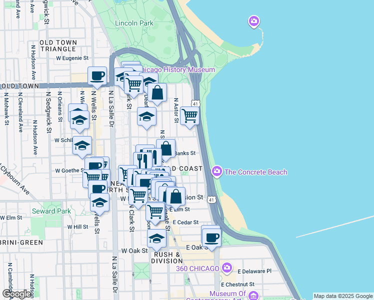 map of restaurants, bars, coffee shops, grocery stores, and more near 60 East Banks Street in Chicago